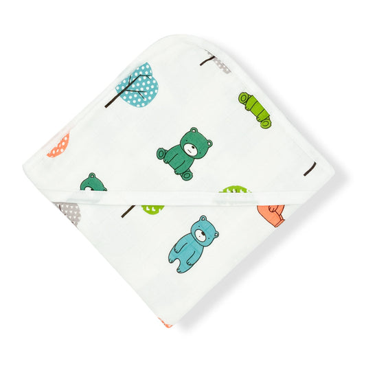 Muslin Hooded Towel for Baby-6 Layer 100% Cotton Teddy & Trees - zizuka