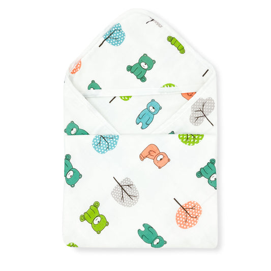 Muslin Hooded Towel for Baby-6 Layer 100% Cotton Teddy & Trees - zizuka
