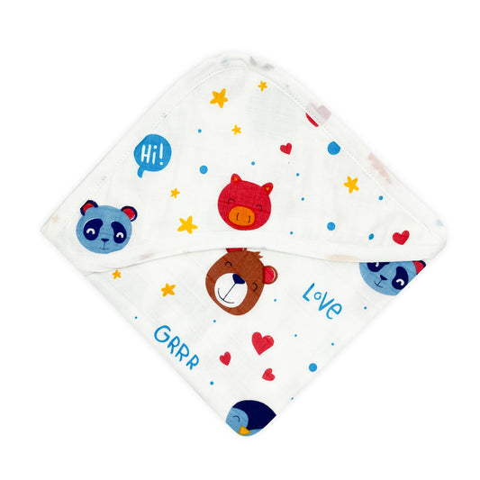 Muslin Hooded Towel for Baby- 100% Cotton - Animal - zizuka