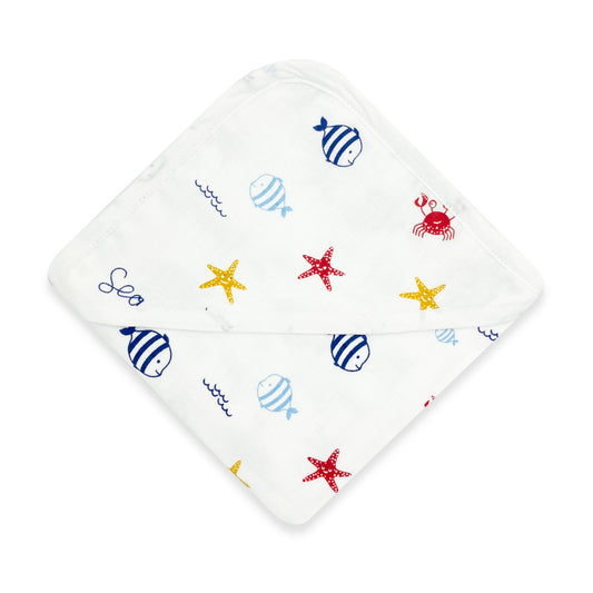 Muslin Hooded Towel for Baby-6 Layer 100% Cotton -Sea - zizuka