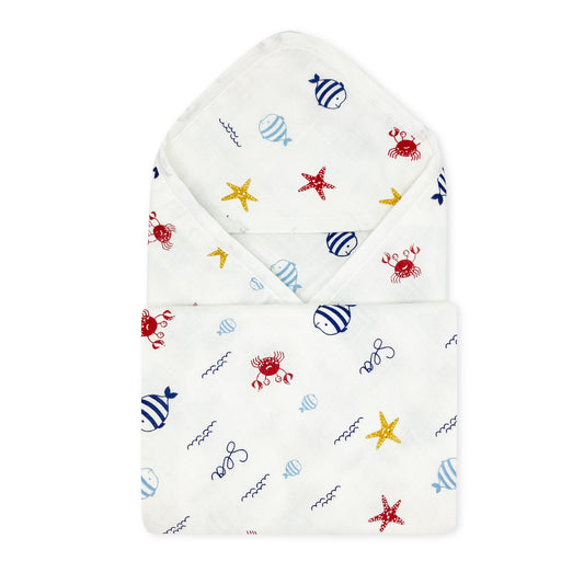 Muslin Hooded Towel for Baby-6 Layer 100% Cotton -Sea - zizuka