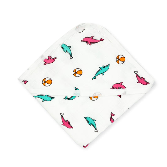 Muslin Hooded Towel for Baby-6 Layer 100% Cotton -Dolphin - zizuka