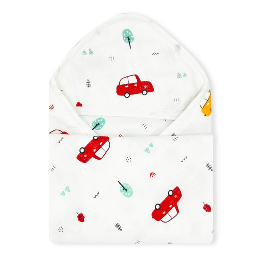 Muslin Hooded Towel for Baby-6 Layer 100% Cotton -Cars - zizuka