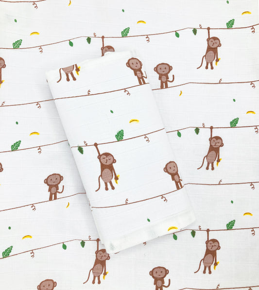Natural Cotton Muslin Swaddle Wrap / Towel -Monkey - zizuka