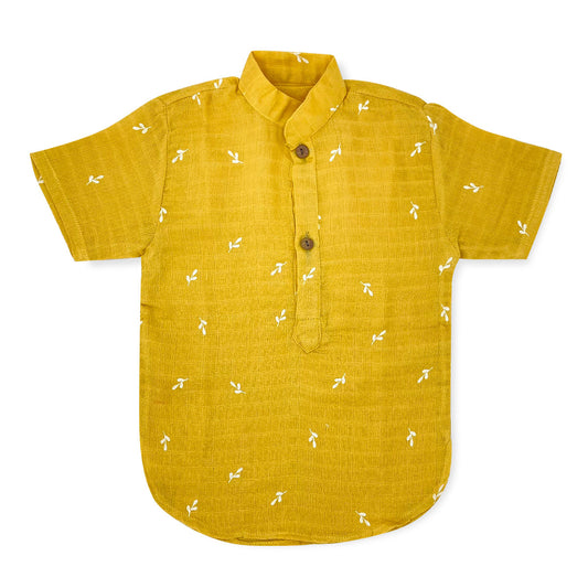 Half Sleeve Kurta Shirt --Organic Muslin Cotton -Mustard Yellow - zizuka