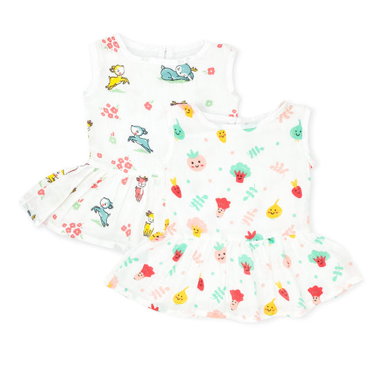Drop Waist Muslin Frock for baby Girl- Organic Cotton (Pack of 2) - zizuka