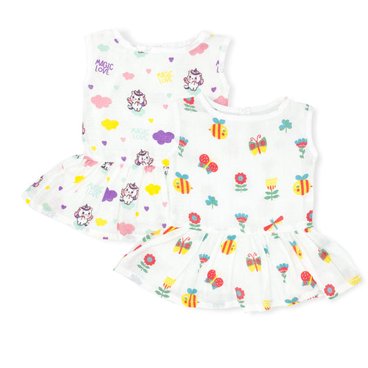 Drop Waist Muslin Frock for baby Girl- Organic Cotton (Pack of 2) - zizuka