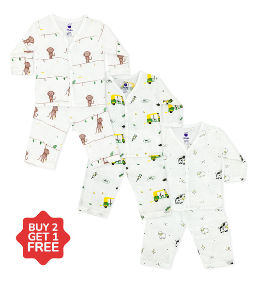 Set of three children's pajama sets with animal and vehicle patterns on a white background, with a 'Buy 2 Get 1 Free' offer.