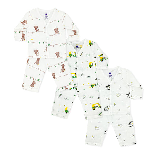 Set of three children's pajama sets with animal and vehicle patterns on a white background, with a 'Buy 2 Get 1 Free' offer.