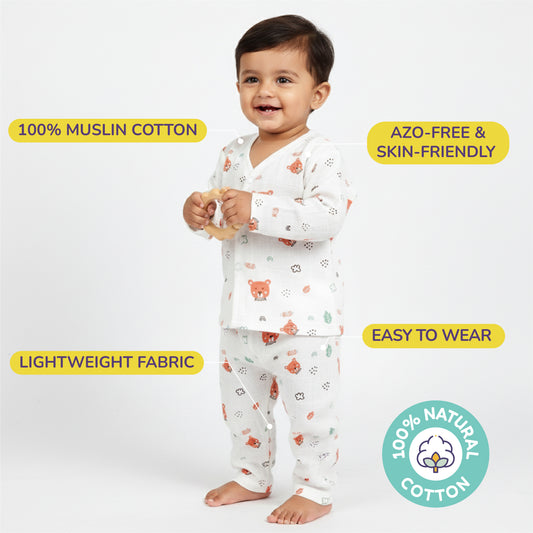 Full sleeve Jabla Pyjama Set 100%Cotton Muslin -Hello Teddy