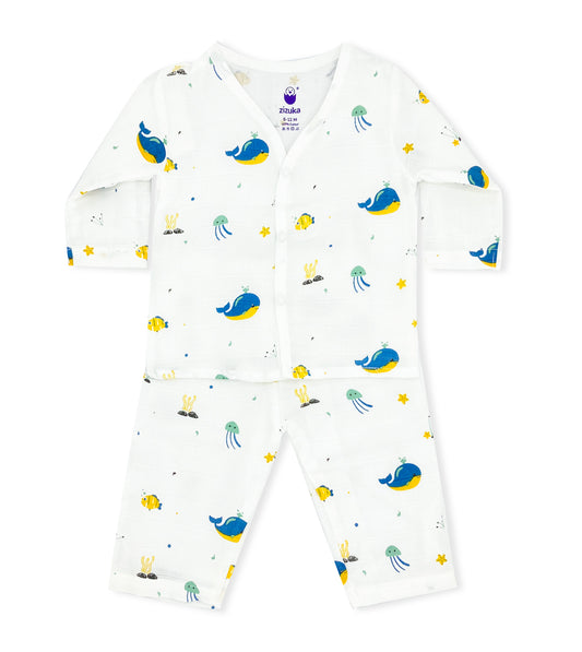 Full sleeve Jabla Pyjama Set 100%Cotton Muslin -Blue Whale - zizuka