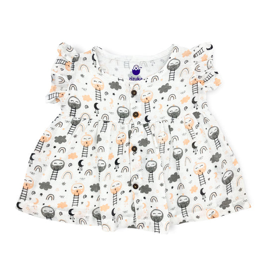 Muslin Frock for Baby Girl - Butterfly Sleeve 100% Organic Cotton Dreamy Sky - zizuka