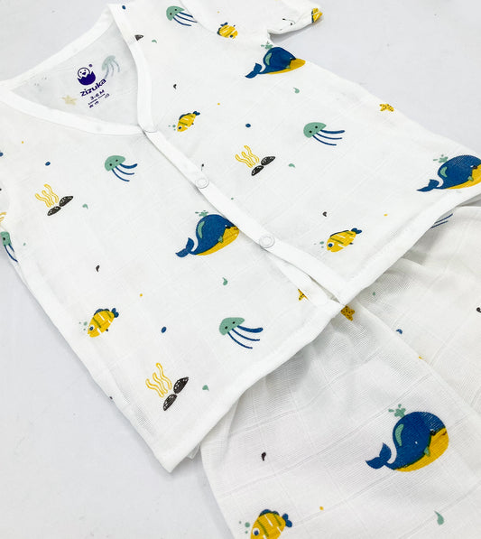 Muslin Jabla Co-ord Set, Jabla Shorts -100% Cotton -Blue Whale - zizuka