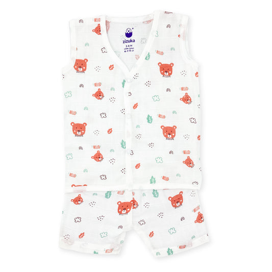 Sleeveless Jabla Co Ord Set / Jabla Shorts - 100% Muslin Cotton -Hello Teddy - zizuka