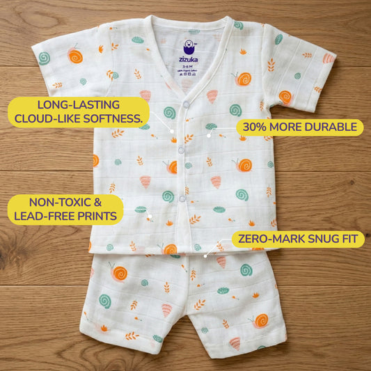 Skin-friendly Baby Outfit with colorful patterns on a wooden surface, featuring Zizuka brand.