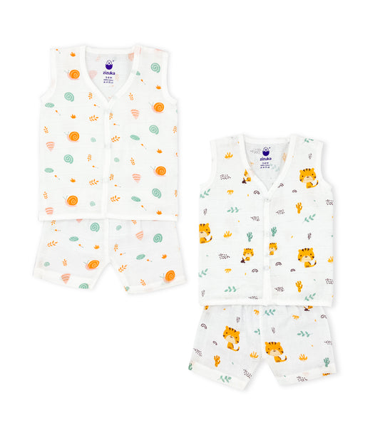 Sleeveless Jabla Co Ord Set / Jabla Shorts - 100% Muslin Combo (Pack of 2) - zizuka