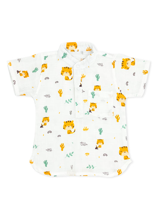 Muslin Half Sleeve Kurta Shirt -100% Cotton Animal Print -Tiger - zizuka