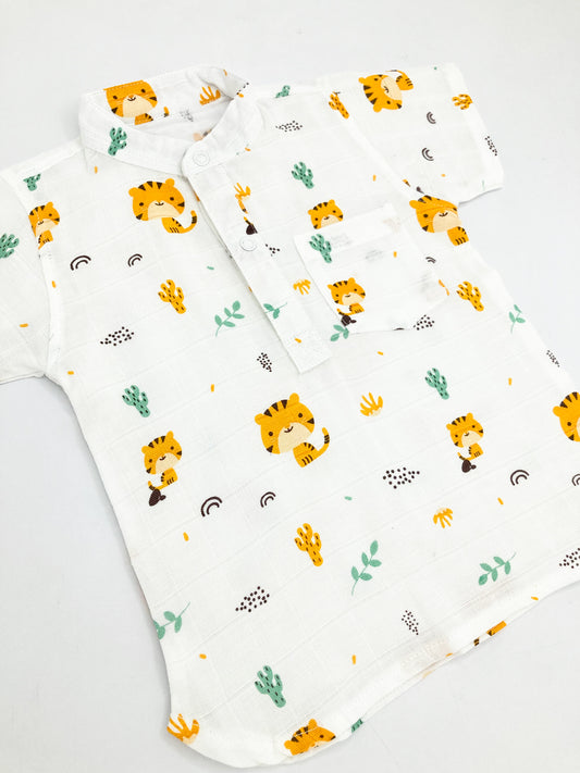 Muslin Half Sleeve Kurta Shirt -100% Cotton Animal Print -Tiger - zizuka