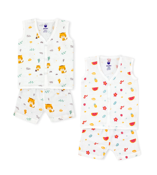 Sleeveless Jabla Co Ord Set / Jabla Shorts - 100% Muslin Combo (Pack of 2) - zizuka