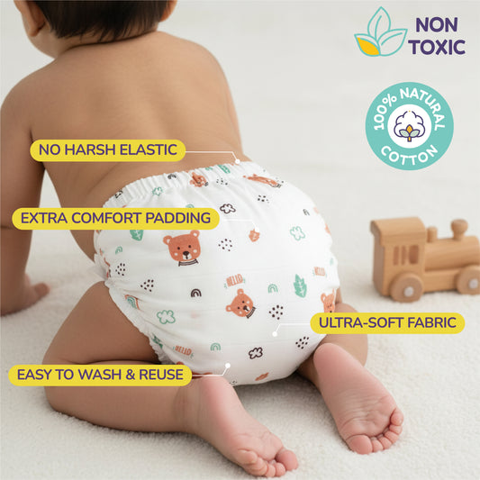 Baby wearing a muslin patterned cloth diaper padded underwear with text highlighting features on a light background