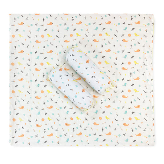 Cotton Baby Bed with 2 Bolster Pillow / Playmat -Sparrow - zizuka