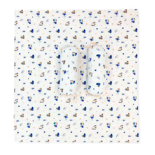 Cotton Baby Bed with 2 Bolster Pillow / Playmat -Truck - zizuka