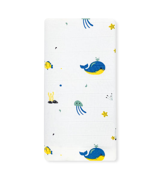 100% Cotton Muslin Swaddle / Towel -Blue Whale - zizuka