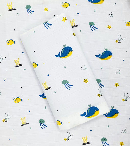100% Cotton Muslin Swaddle / Towel -Blue Whale - zizuka