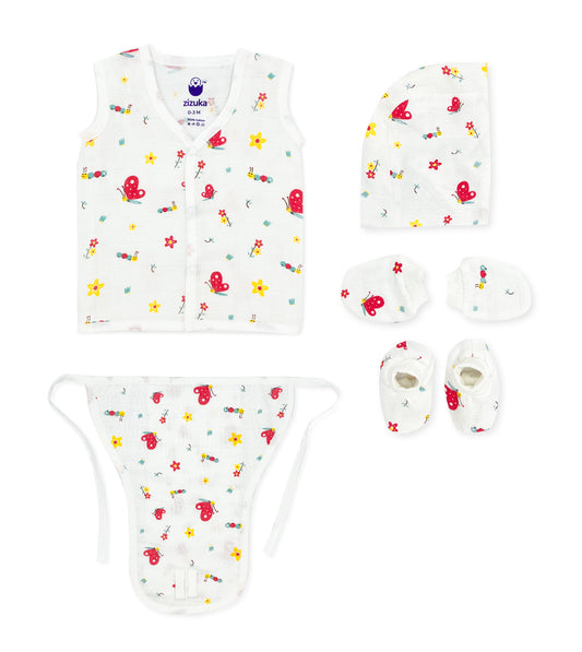 Newborn Muslin Jabla, Nappy, Cap, Mitten & Socks Set Combo - zizuka
