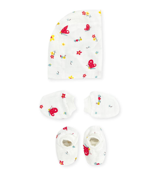 Double Layer Newborn Muslin Baby Cap Mitten Booties Set- Butterfly - zizuka