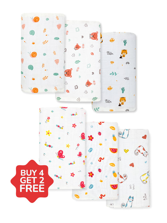 Buy 4 Get 2 Free - All Season Offer- 100% Muslin Swaddle - zizuka
