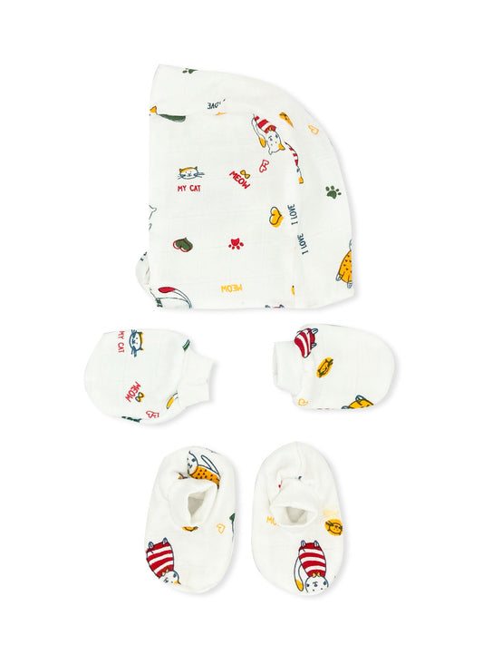 Double Layer Newborn Muslin Baby Cap Mitten Booties Set- Cat - zizuka