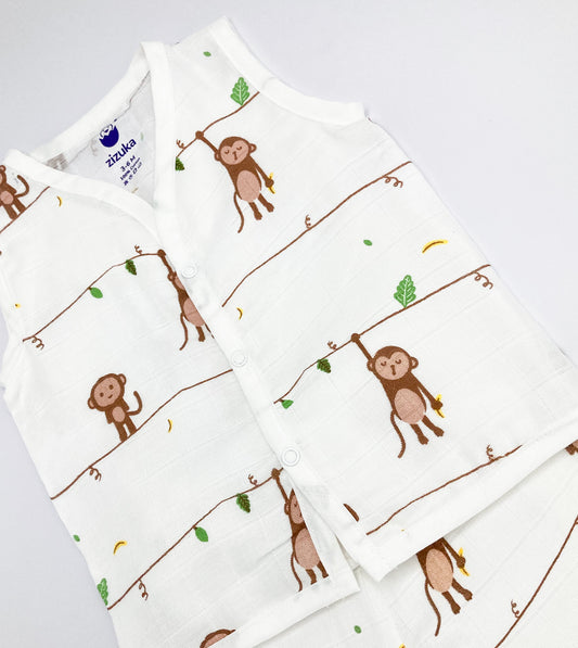 Sleeveless Jabla Co Ord Set / Jabla Shorts - 100% Muslin Cotton -Monkey