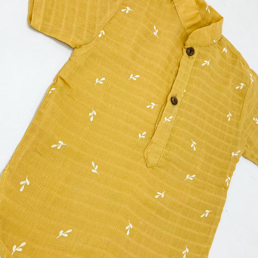 Half Sleeve Kurta Shirt --Organic Muslin Cotton -Mustard Yellow - zizuka