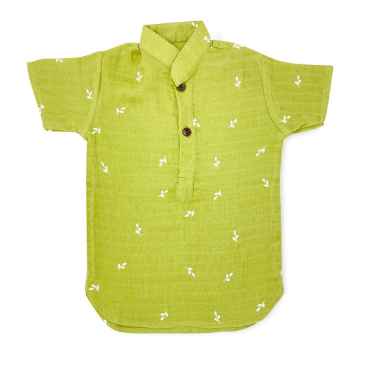 Half Sleeve Kurta Shirt -Organic Muslin Cotton -Olive Green - zizuka
