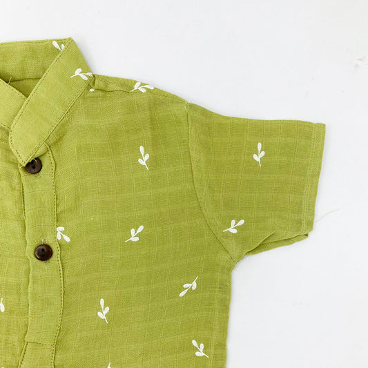 Half Sleeve Kurta Shirt -Organic Muslin Cotton -Olive Green - zizuka