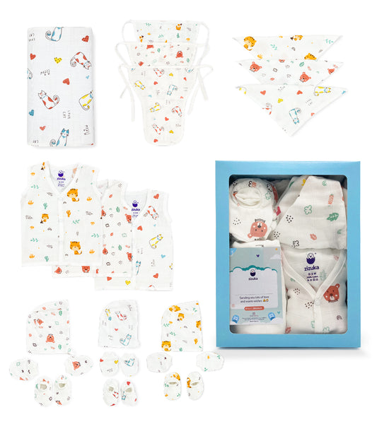 Hospital Kit /Gift for Newborn -100% Muslin Baby Essentials -16 Pc Gift Box - zizuka