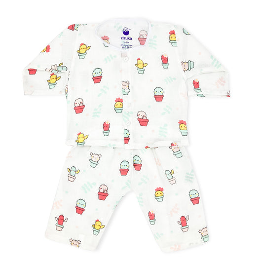 Full Sleeve Jabla, Pants/Pyjama Set Night Suit - Muslin -Cactus - zizuka
