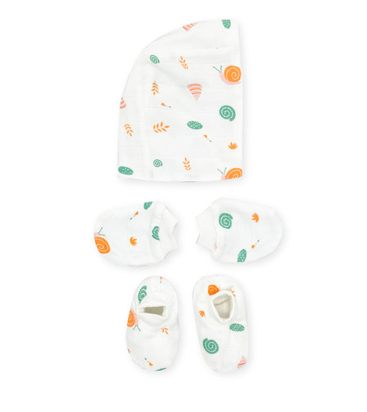 Double Layer Newborn Muslin Baby Cap Mitten Booties Set- Snail - zizuka