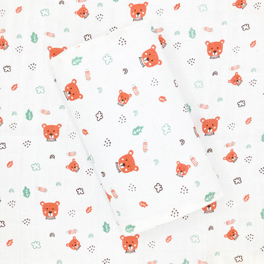 100% Soft Cotton Muslin Swaddle / Towel - Hello Teddy - zizuka