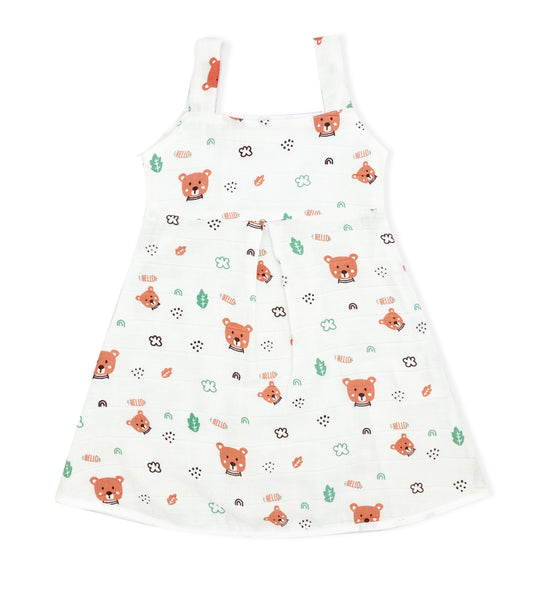 Muslin A Line Frock for Baby Girl -Sleeveless Dress -Hello Teddy - zizuka