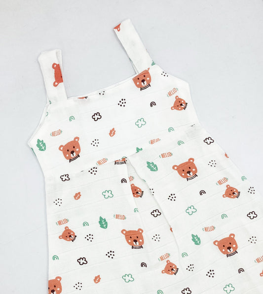Muslin A Line Frock for Baby Girl -Sleeveless Dress -Hello Teddy - zizuka