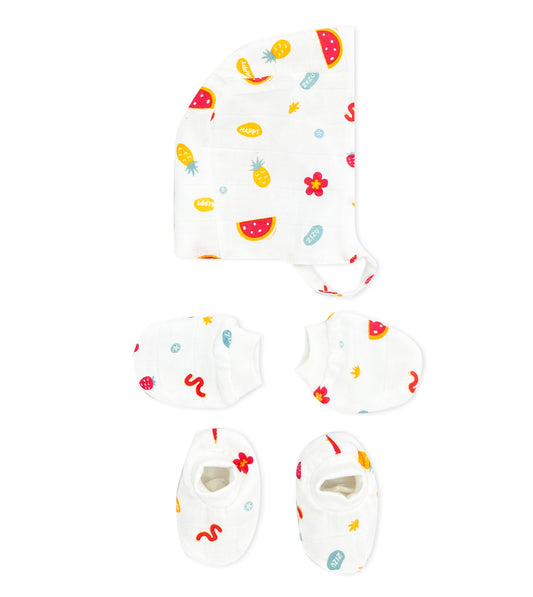Double Layer Newborn Muslin Baby Cap Mitten Booties Set- Happy Zizu - zizuka