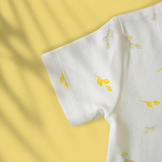 Body Suit/ Onesie Off-white Summer Leaves | Half Sleeve - Premium Cotton - zizuka