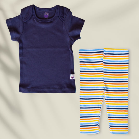 TShirt & Pants -Pyjama Set -Navy Blue Tshirt Striped Pants - zizuka