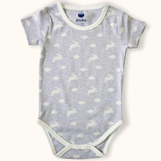 Body Suit / Onesie- Grey, Jumping Rabbit Half Sleeve - Premium Cotton - zizuka