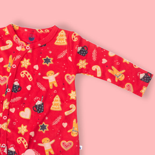 Full Sleeve Cotton Sleep Suit/ Romper - Red Festive Pattern - zizuka