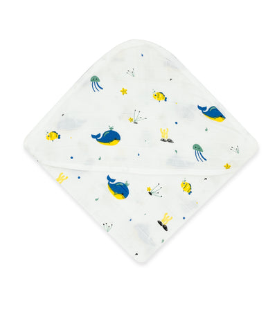 Muslin Hooded Towel for Newborn Baby - 6 Layer Natural Cotton - Blue Whale