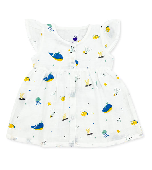 100% Cotton Cap Sleeve Muslin Frock -Blue Whale