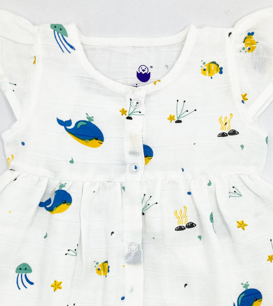 100% Cotton Cap Sleeve Muslin Frock -Blue Whale